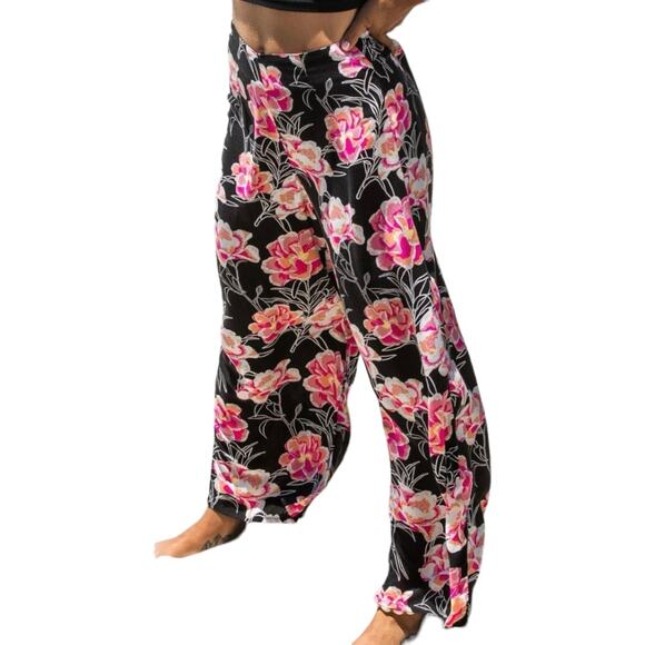 NWOT Roxy Beside Me Wide Leg Flat Front Floral Viscose Pants Anthracite Zilla S - Picture 1 of 10